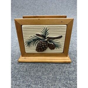 Pinecone Lodge Ceramic Wood Napkin Holder Pine Tree Country Design Hand Painted